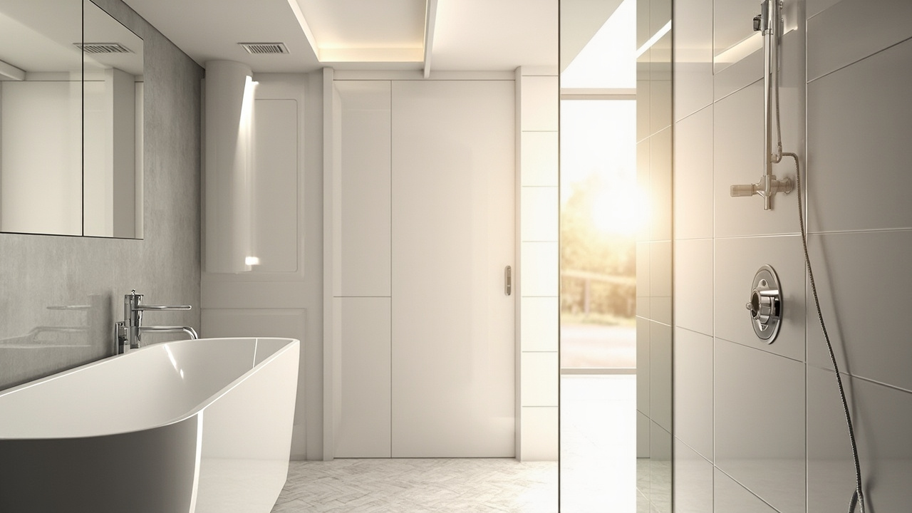 Salle de bains en renovation avec outils et plans