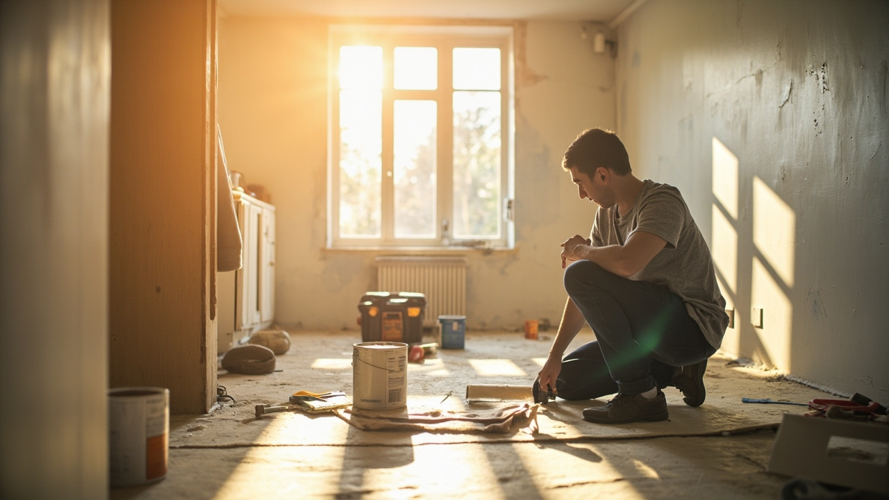 Ouvrier en action sur un chantier de renovation  
Personne avec outils en travaux de renovation
